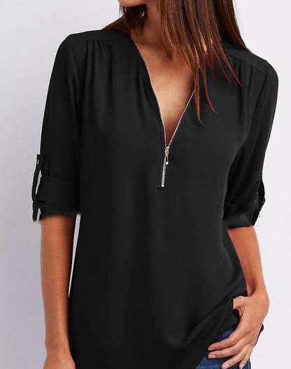 Large Size  Long Sleeve Loose V-neck Shirt